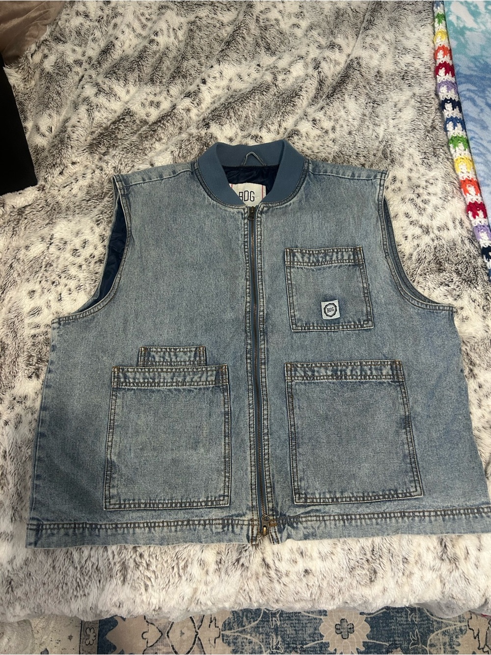 BDG Light Blue Denim Bomber Vest with Rib Collar